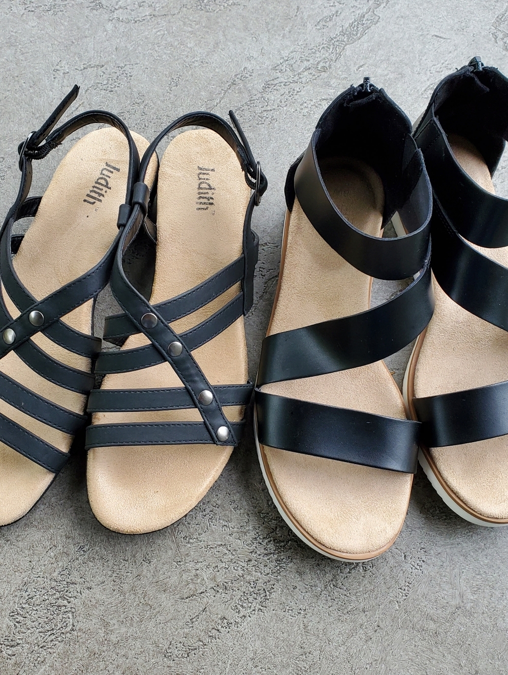 LOT of 2 Women's Judith & Time And Tru Black Sandals Sz. 8W GUC Strappy Open Toe